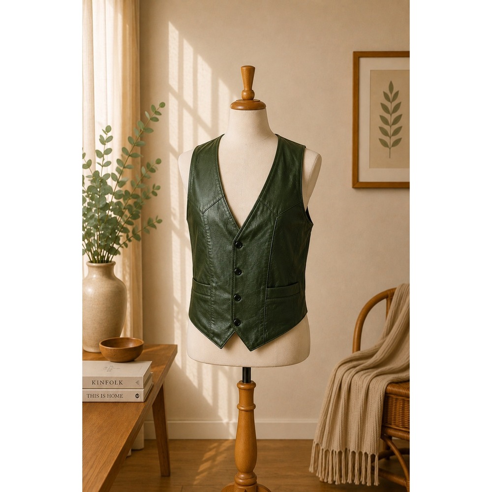 Vintage Dark Green Leather Motorcycle Vest Men's XL 90s Biker Snap Front
